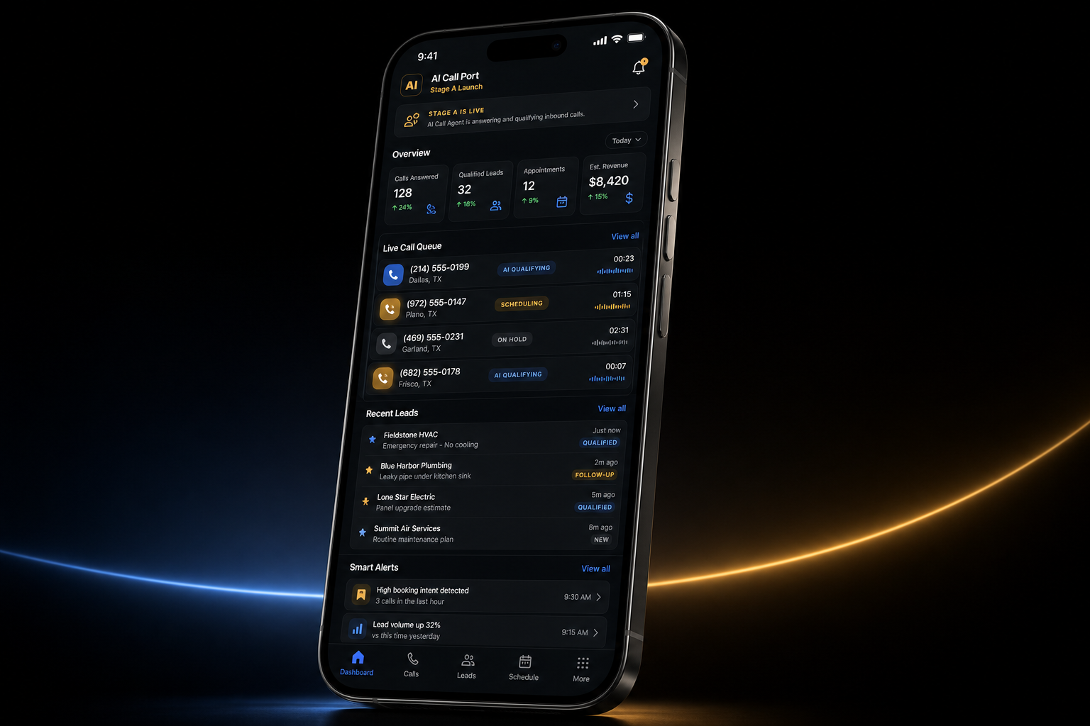 3D phone showing the AI Call Port Stage A dashboard